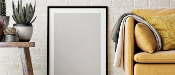 Mock up poster, interior composition, sofa, wood chair, flower and white poster, 3d render, 3d illustration