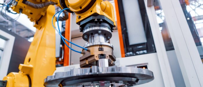 Robotic Arm production lines modern industrial technology. Automated production cell.