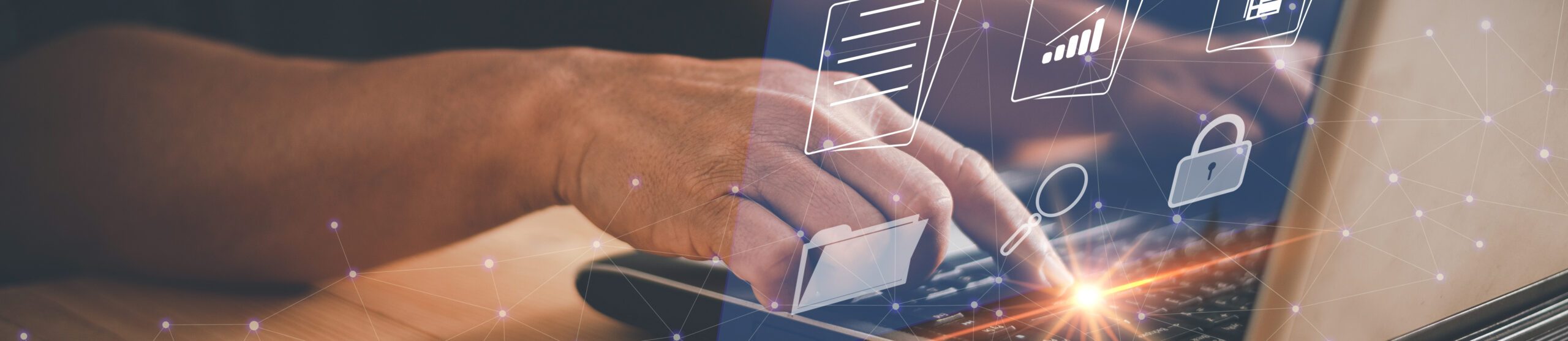 Document Management System (DMS) for paperless office concept, Businessman work on laptop computer with folder and documents icons on virtual screen, Software for manage and protect files and data.