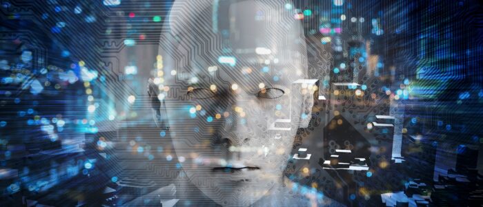 Internet of things Disruption everything , neural network , deep learning , artificial intelligence concept. 3d rendering of robot face , blue bokeh and building abstract background.