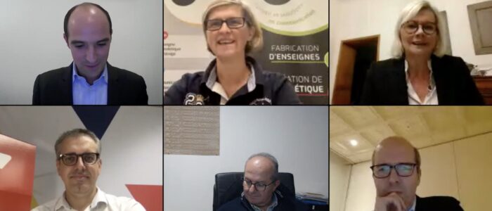 L&eacute;gende : de gauche &agrave; droite, en partant par le haut,

B&eacute;n&eacute;dicte Fontaine, g&eacute;rante d&rsquo;ADD Pub

Sylvie Gilles, g&eacute;rante de la Ferme des 4 Cantons

Jacques Staquet, PDG Co-fondateur d&rsquo;Yper

Olivier Daher, pr&eacute;sident fondateur d&rsquo;ANS COM

Olivier Barbet Maillot, PDG d&rsquo;Abena Frantex